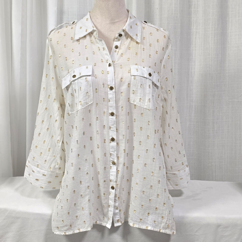 2/$30 Jaclyn Smith‎ White Button Up Cotton Lightweight White Blouse Sz L
